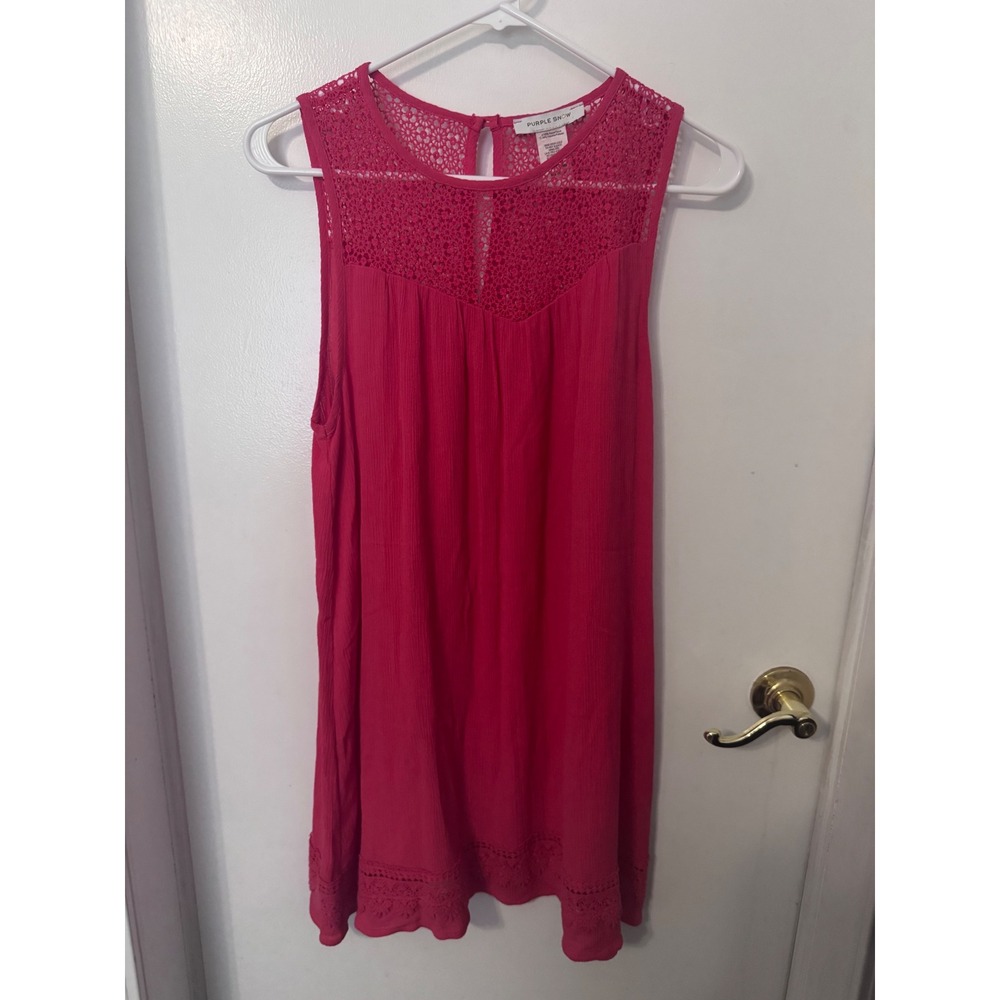 Purple Snow Pink Crochet Lace Yoke Sleeveless Rayon Shift Dress Womens Medium